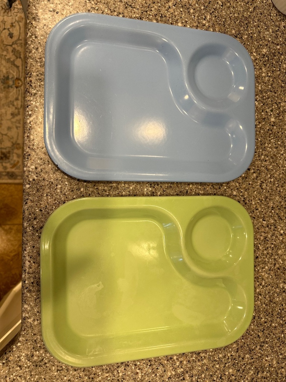 VTG (2) Porcelain Enamel Metal Serving Snack Trays: Green & Blue Mid Century